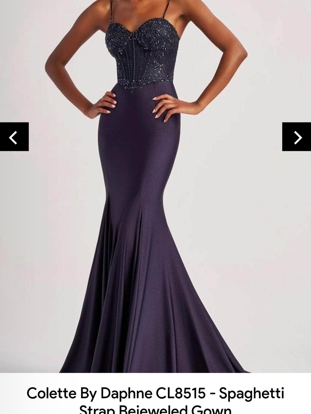 Colette By Daphne Navy Bejeweled Spaghetti Strap Mermaid Gown